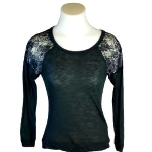 Lei Black Lace Shoulder Semi Sheer Chichi Long Sleeve Top Sz